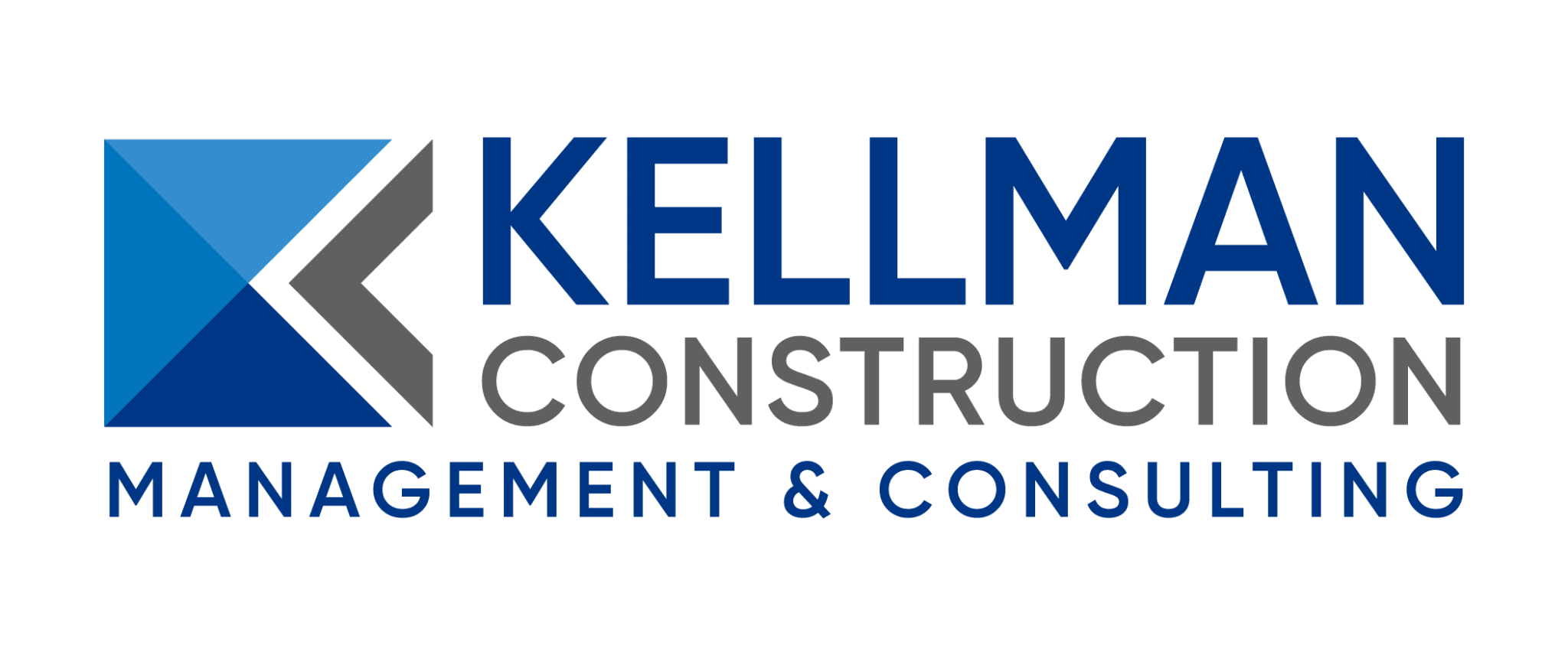 A blue and grey logo for keller construction.